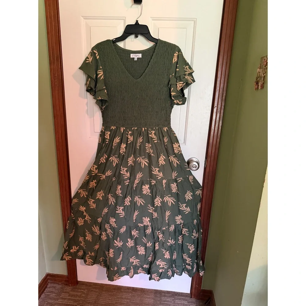 Polagram Olive Green Smocked Leaf Print Maxi Dress Flutter Sleeve L PSD3944-S - Picture 6 of 10
